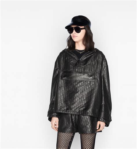 Hooded Short Anorak Black Patent Technical Taffeta Jacquard 